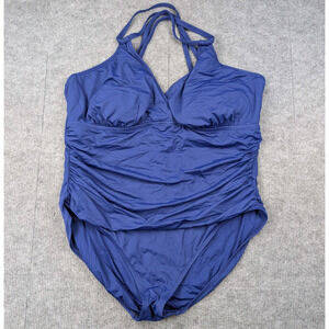 La Blanca One Piece Swimsuit Womens 22W Ruched Wrap Resort Beach Blue Slimming